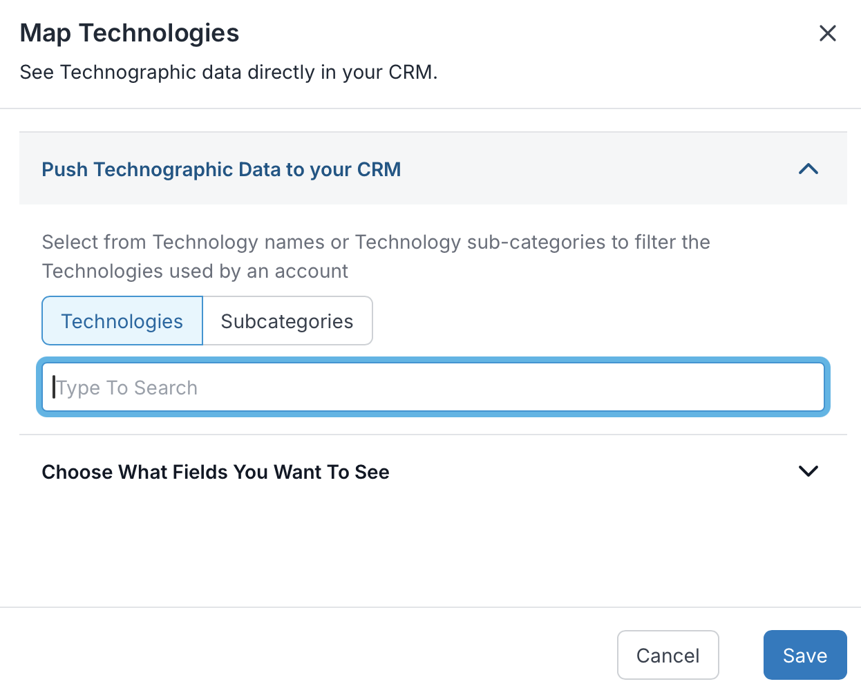 Interface for mapping technologies to CRM with search and selection options.